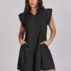 Connecteri  Womens Summer V-Neck Drawstring Ruffle Cap Short Sleeve Casual Shift Mini Dress with Pockets