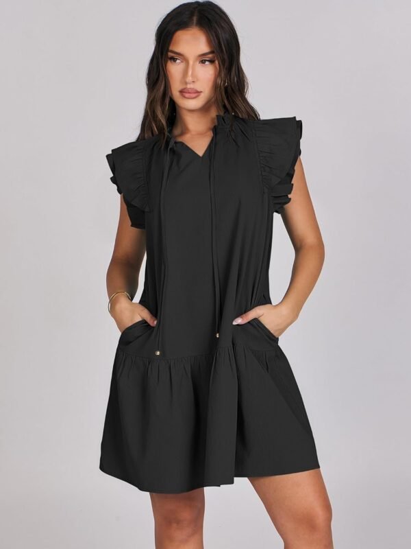 Connecteri  Womens Summer V-Neck Drawstring Ruffle Cap Short Sleeve Casual Shift Mini Dress with Pockets