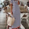 Connecteri  Summer Dress Casual Womens Fashion Short Sleeve Maxi Dress T Shirt Dress Striped Long Color Block Maxi Dress