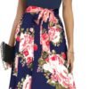 Connecteri  Summer Dresses for Women 2024 Short Sleeve Elastic Waist Casual Dresses Ribbed Floral Work Midi Dress with Pockets