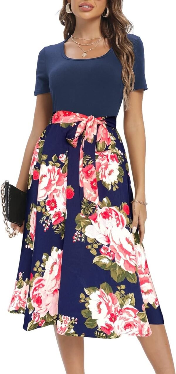 Connecteri  Summer Dresses for Women 2024 Short Sleeve Elastic Waist Casual Dresses Ribbed Floral Work Midi Dress with Pockets