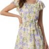 Connecteri  K Women's Floral Chiffon Flutter Sleeve Belted Square Neck Ruffled Hem Dress
