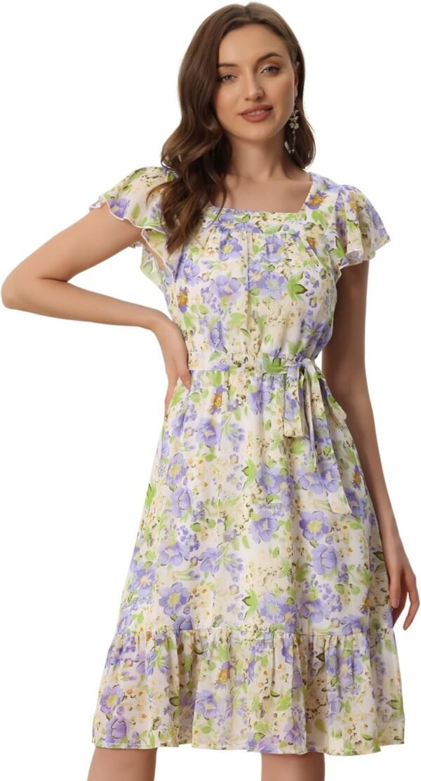 Connecteri  K Women's Floral Chiffon Flutter Sleeve Belted Square Neck Ruffled Hem Dress