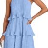 Connecteri Women's 2024 Summer Sleeveless Mini Dress Boho One Shoulder Ruffle Tiered Layered Chiffon Flowy A Line Dresses