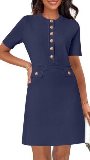 Connecteri  Women's Knit Bodycon Sweater Dress Button Short Sleeve Crew Neck Elegant Formal Mini Dress