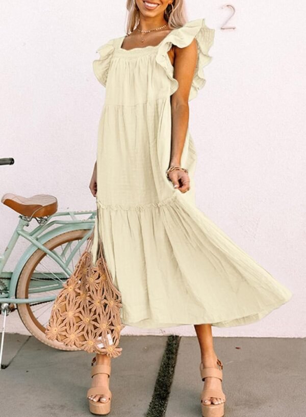 Connecteri  Women's 2024 Spring Summer Square Collar Dress Off Shoulder Style Elegant Ruffle Hemline Skirt Mini Dresses S-XL