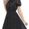 Connecteri  Work Dresses for Women 2023 Long Sleeves Chiffon Black Dress Retro Pleated Buttons Down Bow Tie Loose Causal Dresses