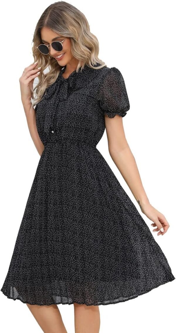 Connecteri  Work Dresses for Women 2023 Long Sleeves Chiffon Black Dress Retro Pleated Buttons Down Bow Tie Loose Causal Dresses