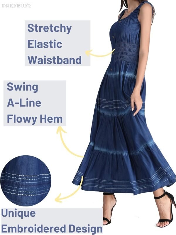 Connecteri  Women's Maxi Dress Sleeveless Denim Long Summer A-line Casual Blue Cotton Boho Flowy Sundresses for Women