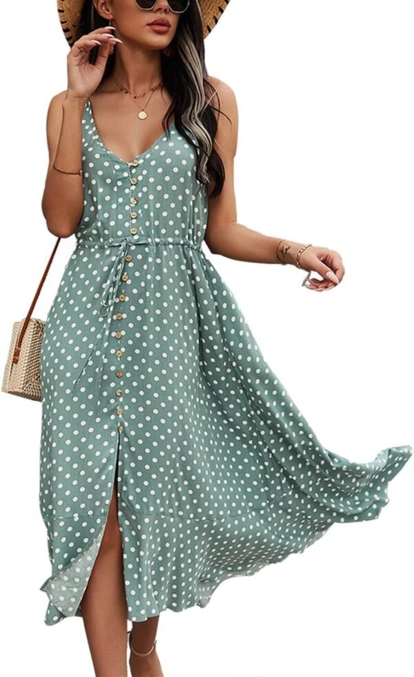 Connecteri  Women's 2024 Summer Casual Boho Sundress Polka Dot Spaghetti Strap V Neck Flowy Midi Dresses