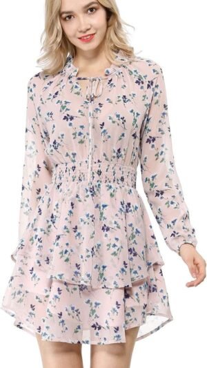 Connecteri  K Women's Ruffled Floral Smocked Waist Layered Tiered Chiffon Dress