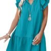 Connecteri  Womens Summer V-Neck Drawstring Ruffle Cap Short Sleeve Casual Shift Mini Dress with Pockets