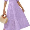Connecteri Women's 2024 Summer Short Puff Sleeve Crewneck Smocked Floral Lace Flowy A Line Tiered Maxi Dresses