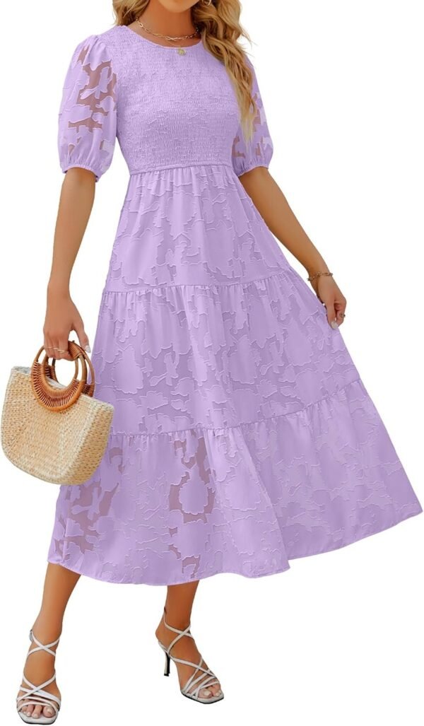 Connecteri Women's 2024 Summer Short Puff Sleeve Crewneck Smocked Floral Lace Flowy A Line Tiered Maxi Dresses