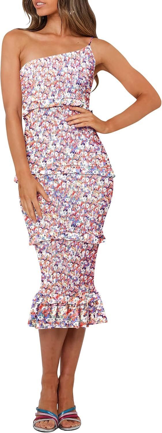 Connecteri  Womens Floral Summer One Shoulder Strappy Tiered Ruffle Midi Bodycon Dresses