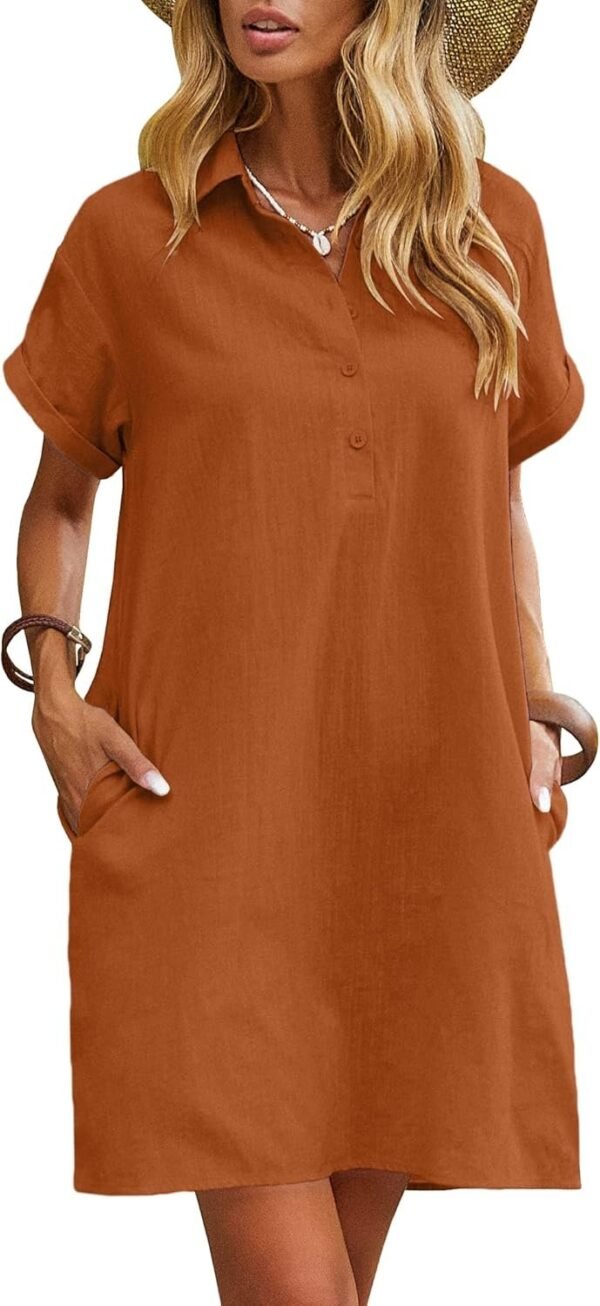 Connecteri  Womens Cotton Shirt Dress Summer Casual Short Sleeve Button Down Beach Cover Up Shirts with Pockets