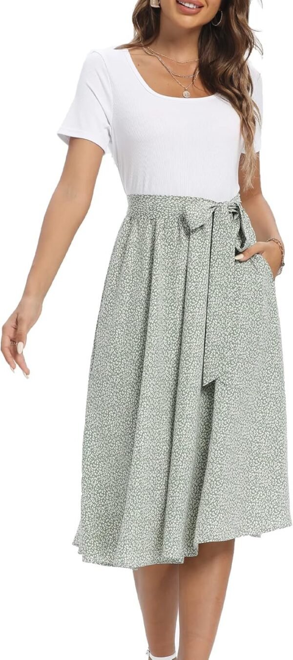Connecteri  Summer Dresses for Women 2024 Short Sleeve Elastic Waist Casual Dresses Ribbed Floral Work Midi Dress with Pockets