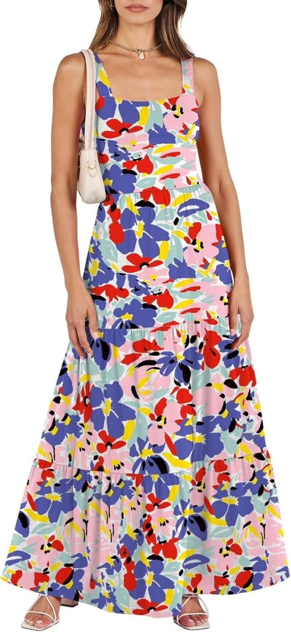 Connecteri  Women's Summer Casual Long Maxi Beach Vacation Dresses Sleeveless Square Neck Flowy Tiered Sun Dress with Pockets