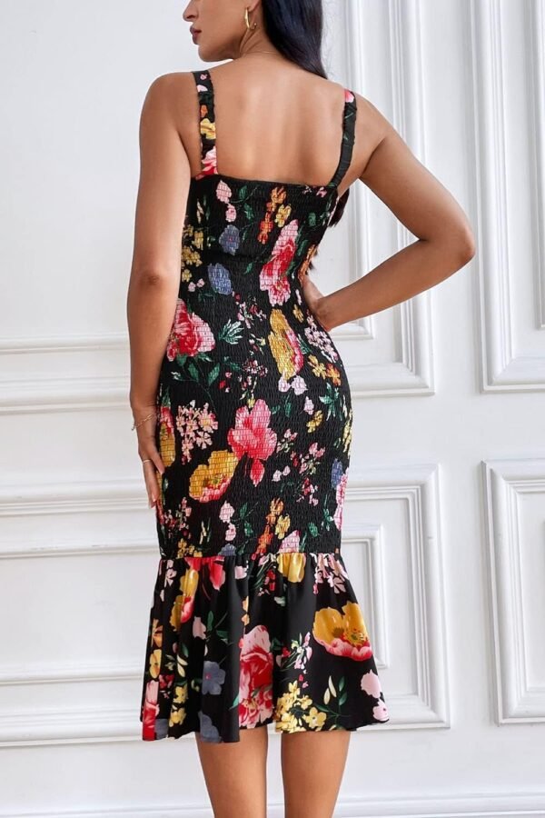 Connecteri Womens Sleeveless Strappy Ruffle Hem Smocked Bodycon Dress