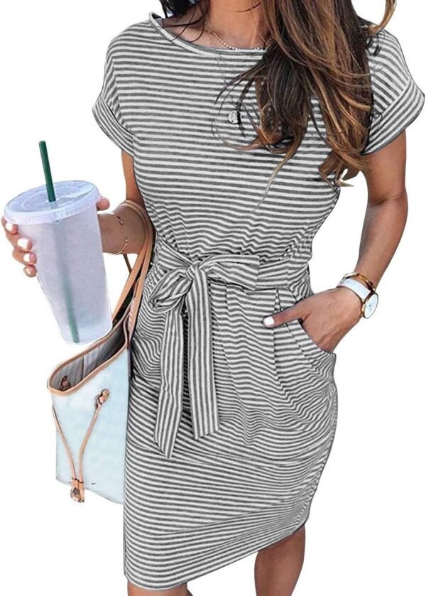 Connecteri  Women's Summer Striped Short Sleeve T Shirt Dress Casual Tie Waist with Pockets