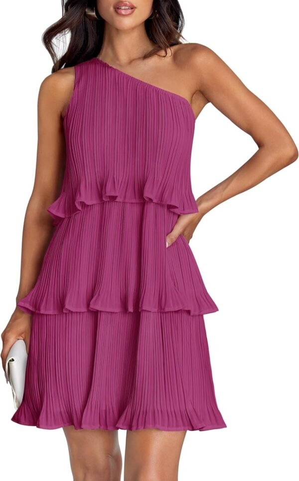 Connecteri Women's 2024 Summer Sleeveless Mini Dress Boho One Shoulder Ruffle Tiered Layered Chiffon Flowy A Line Dresses