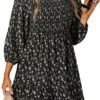 Connecteri  Womens Summer Dresses 2024 Boho Floral Square Neck Smocked 3/4 Sleeve Casual A-Line Swing Mini Babydoll Dress