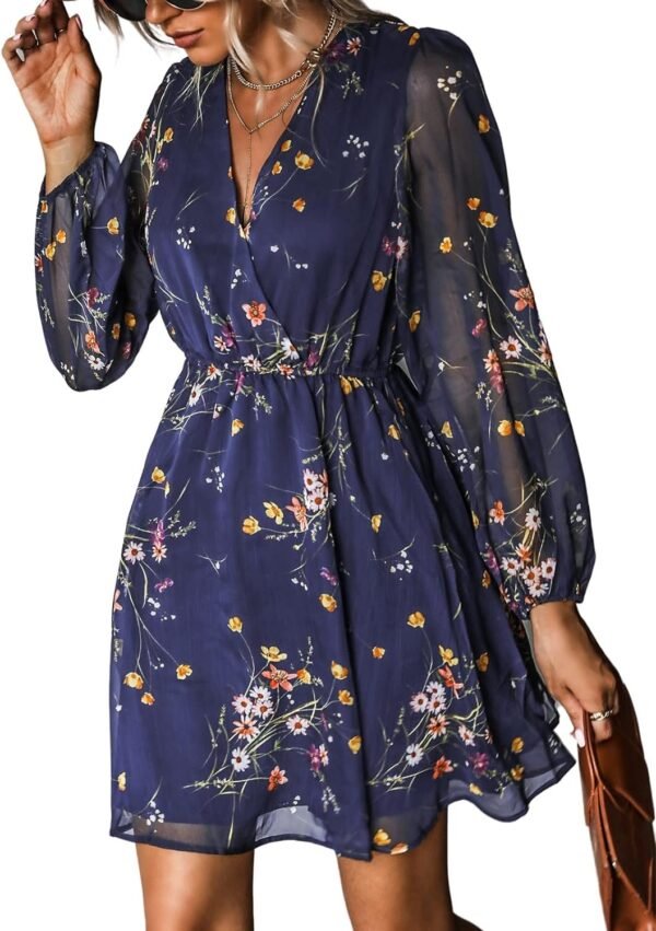 Connecteri  Women's Floral Print Chiffon A-Line Mini Dress Long Peasant Sleeves