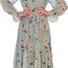 Connecteri  Women's Floral Midi Dress Puff Long Sleeve Casual Ruffle Chiffon A-Line Swing Pleated Belted Tea Party Dresses