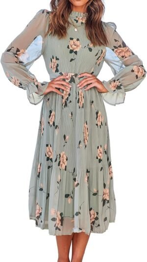 Connecteri  Women's Floral Midi Dress Puff Long Sleeve Casual Ruffle Chiffon A-Line Swing Pleated Belted Tea Party Dresses