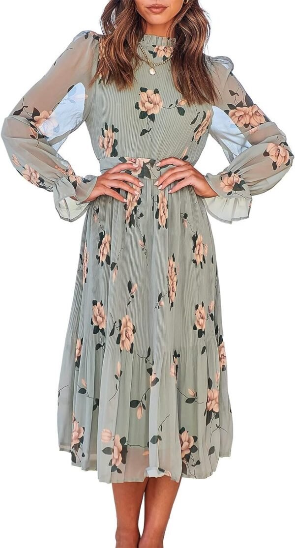 Connecteri  Women's Floral Midi Dress Puff Long Sleeve Casual Ruffle Chiffon A-Line Swing Pleated Belted Tea Party Dresses
