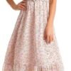 Connecteri  Women's Short Sleeve Button Up Ruffle Chiffon Floral Midi Swing Dress with Belt