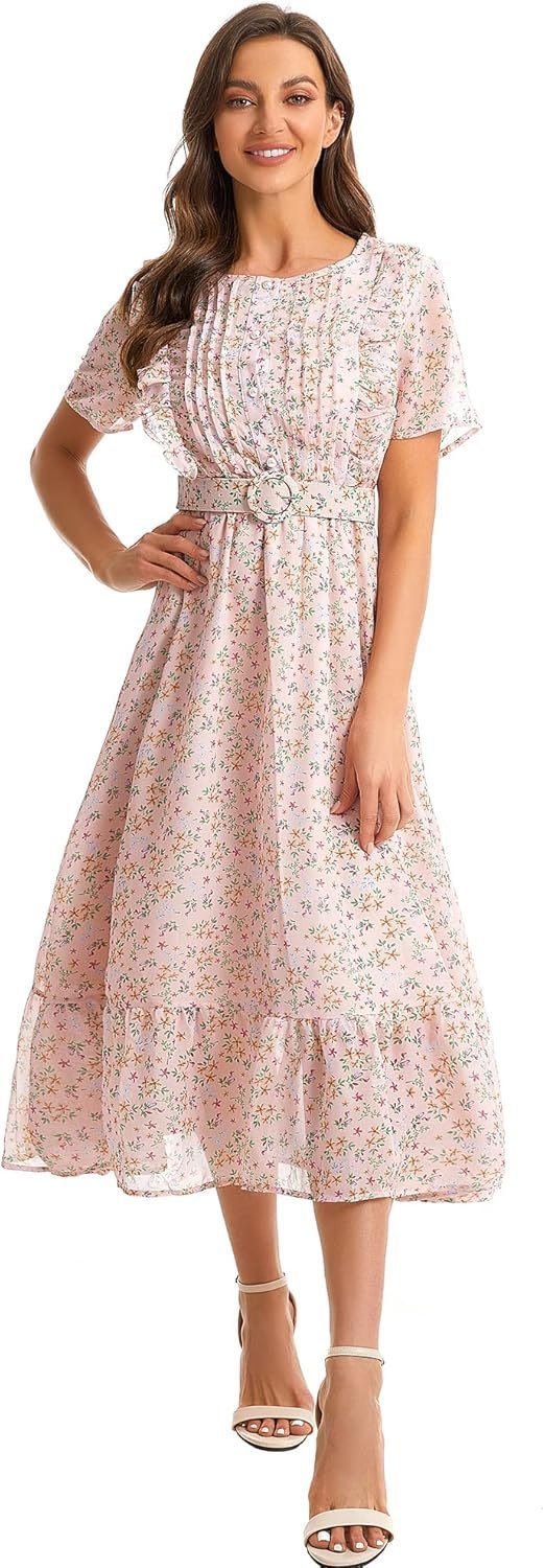 Connecteri  Women's Short Sleeve Button Up Ruffle Chiffon Floral Midi Swing Dress with Belt