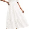 Connecteri  Women's 2024 Summer Puff Sleeve Smocked Floral Dress Crewneck Lace Flowy Tiered Midi Dresses