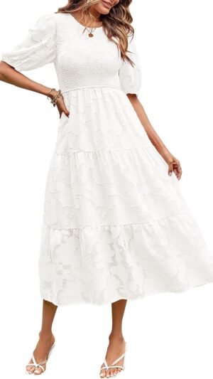 Connecteri  Women's 2024 Summer Puff Sleeve Smocked Floral Dress Crewneck Lace Flowy Tiered Midi Dresses