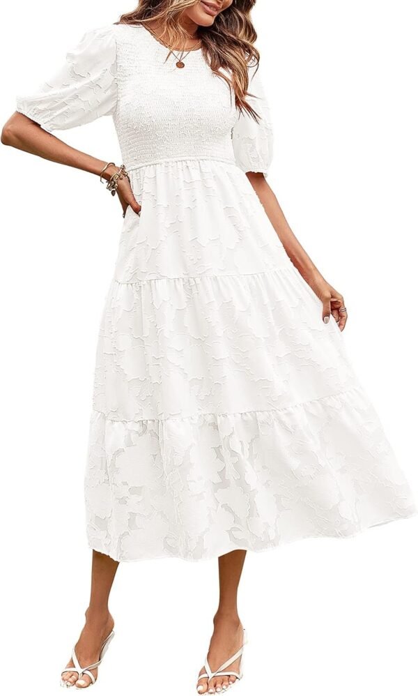 Connecteri  Women's 2024 Summer Puff Sleeve Smocked Floral Dress Crewneck Lace Flowy Tiered Midi Dresses