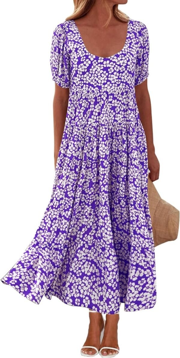 Connecteri  Womens Dresses 2024 Puff Sleeve Floral Casual Summer Dresses Smocked Backless Beach Flowy Tiered Maxi Dress