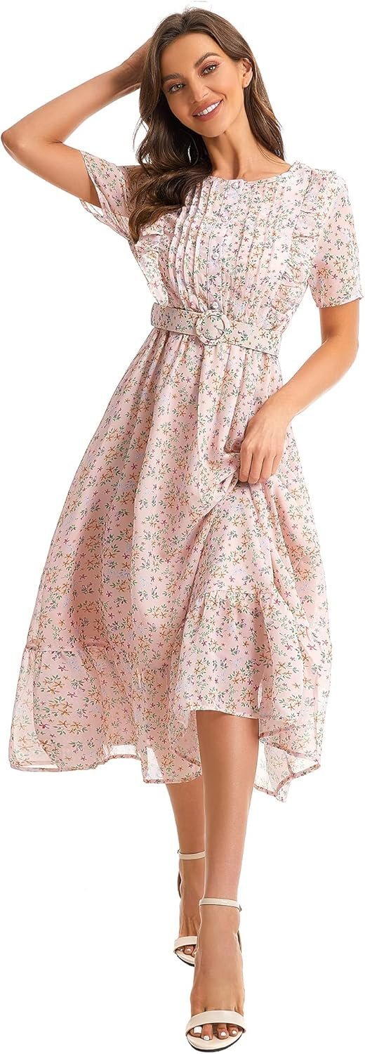Connecteri  Women's Short Sleeve Button Up Ruffle Chiffon Floral Midi Swing Dress with Belt
