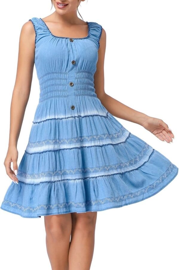 Connecteri  Women's Maxi Dress Sleeveless Denim Long Summer A-line Casual Blue Cotton Boho Flowy Sundresses for Women