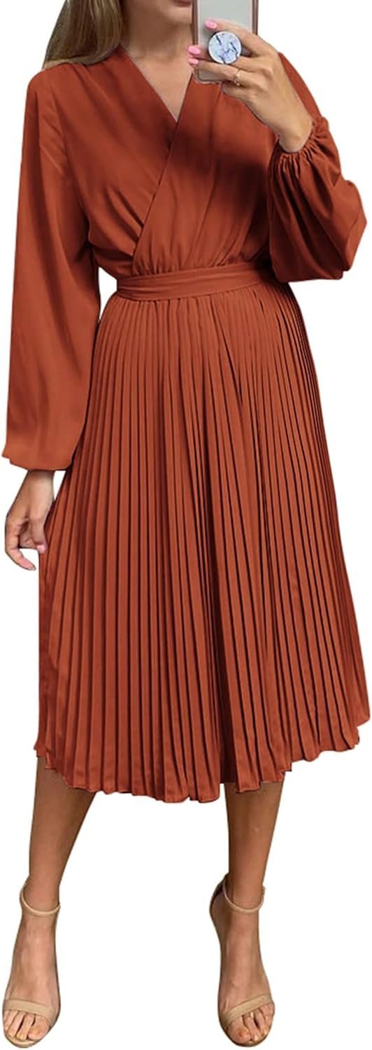 Connecteri  Womens V Neck Flowy Ruffle Pleated Casual Fall Dress