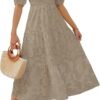 Connecteri Women's 2024 Summer Short Puff Sleeve Crewneck Smocked Floral Lace Flowy A Line Tiered Maxi Dresses