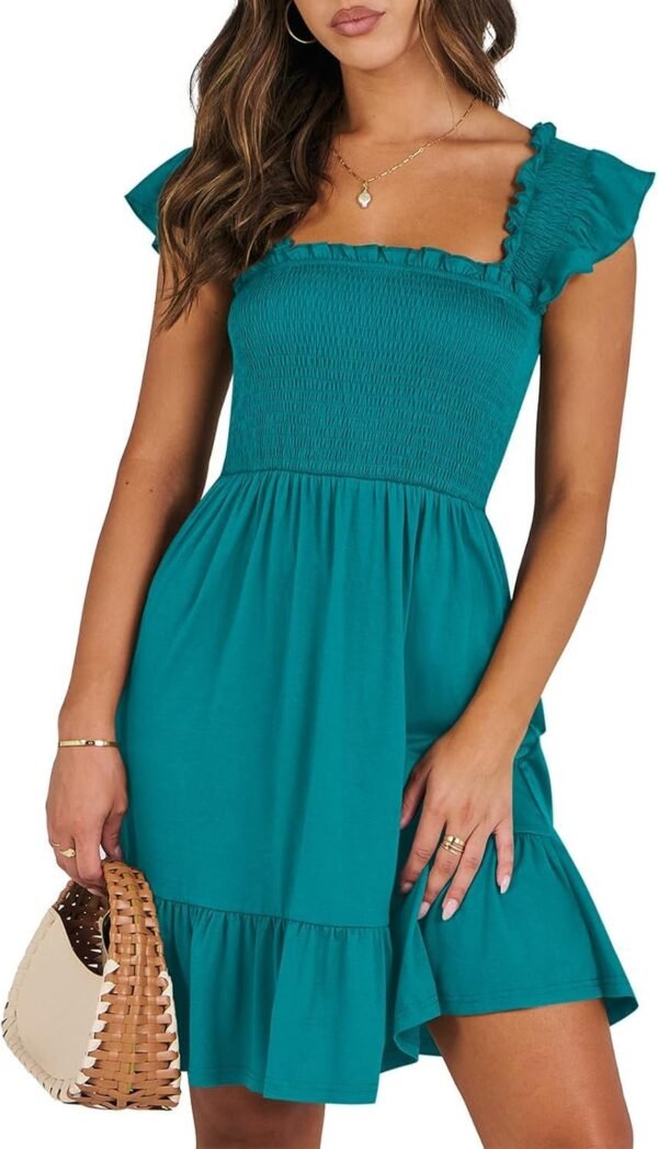 Connecteri  Womens Summer Casual Sleeveless Square Neck Smocked Ruffle Backless Boho Mini Dress 2024 Trendy Short Sundress