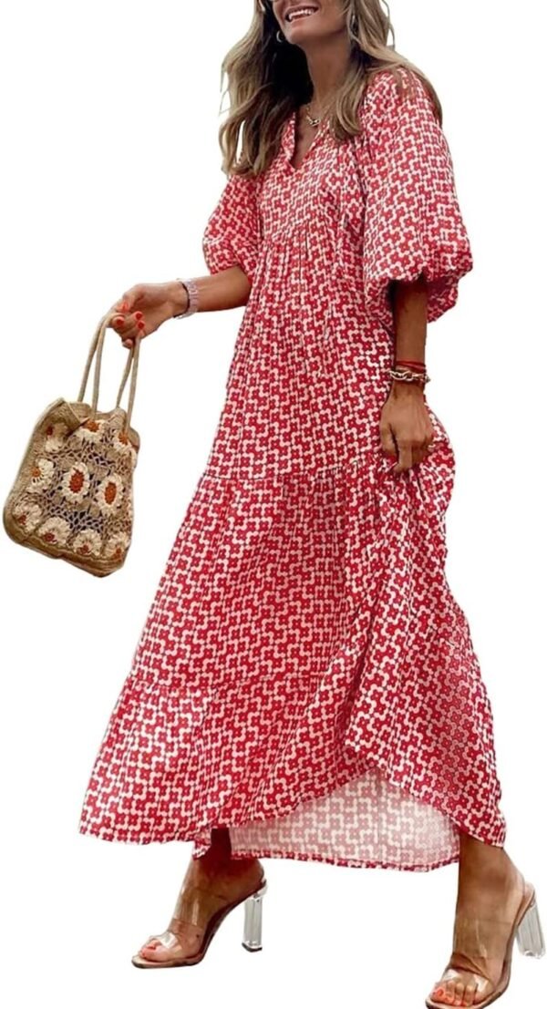 Connecteri  Womens Loose Fit Casual Summer V Neck Half Sleeve Bohemian Geometric Pattern Maxi Long Dresses