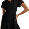 Connecteri  Womens 2024 Summer Short Dress V Neck Short Sleeve A Line Hollow Out Lace Ruffle Cute Casual Beach Party Dresses