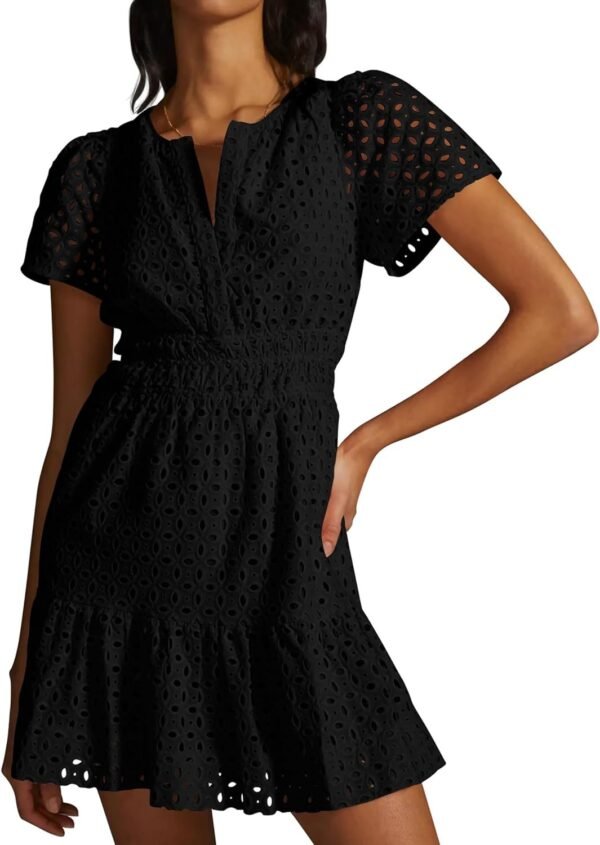Connecteri  Womens 2024 Summer Short Dress V Neck Short Sleeve A Line Hollow Out Lace Ruffle Cute Casual Beach Party Dresses