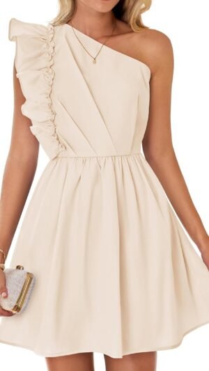 Connecteri Women's Summer One Shoulder Ruffle Dress 2024 Boho Sleeveless Elastic High Waist Swing Mini Dresses