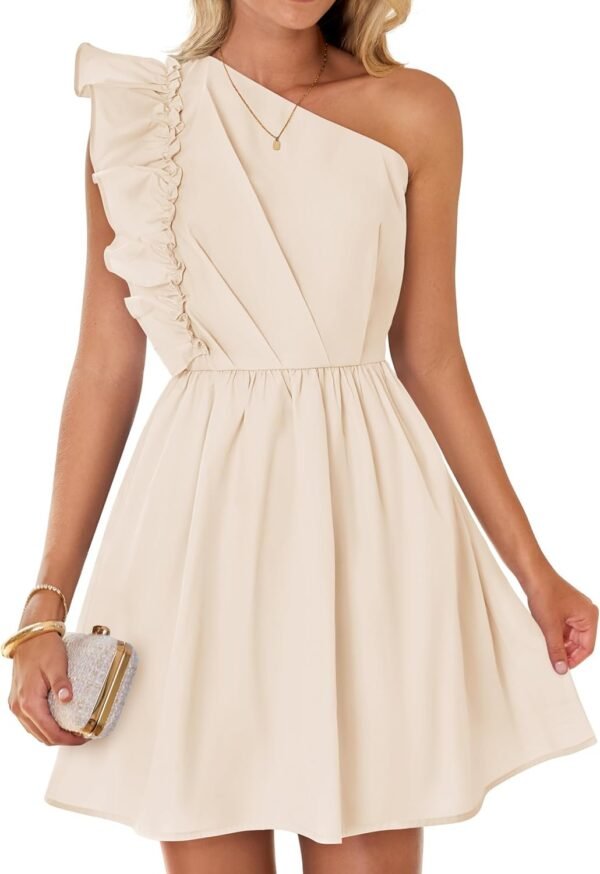 Connecteri Women's Summer One Shoulder Ruffle Dress 2024 Boho Sleeveless Elastic High Waist Swing Mini Dresses