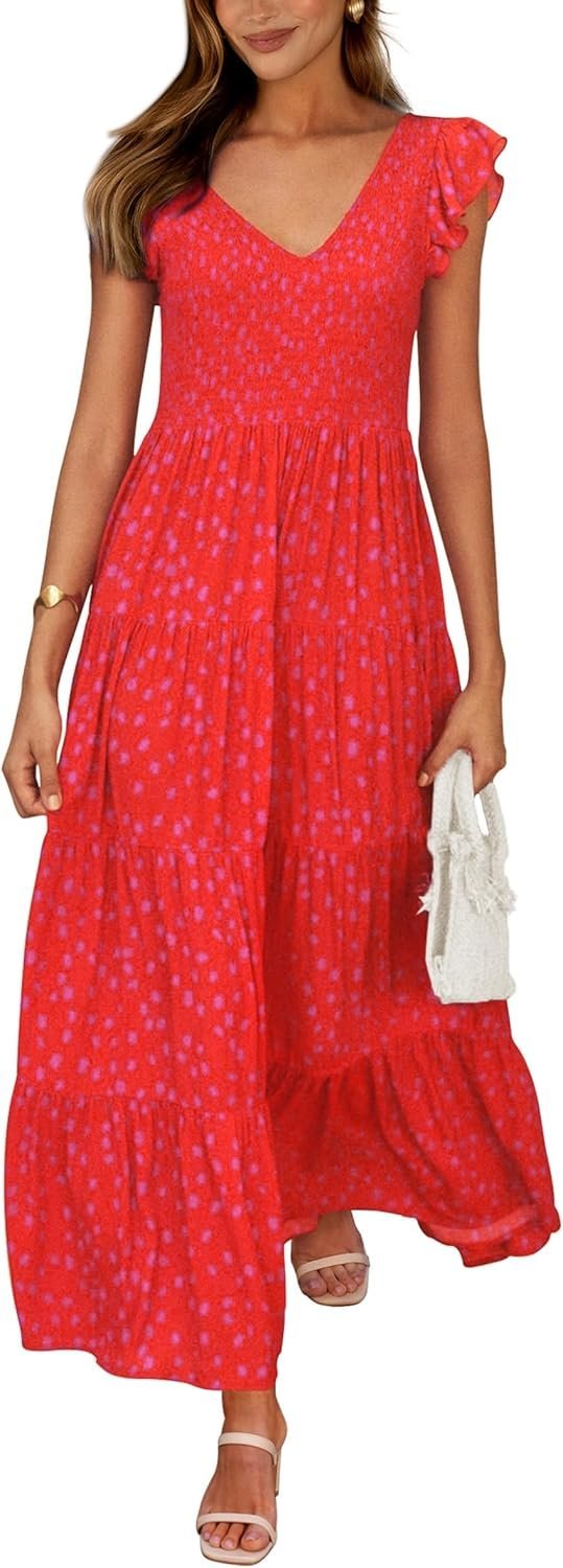 Connecteri  Womens Cap Sleeve V Neck Smocked Beach Sundress