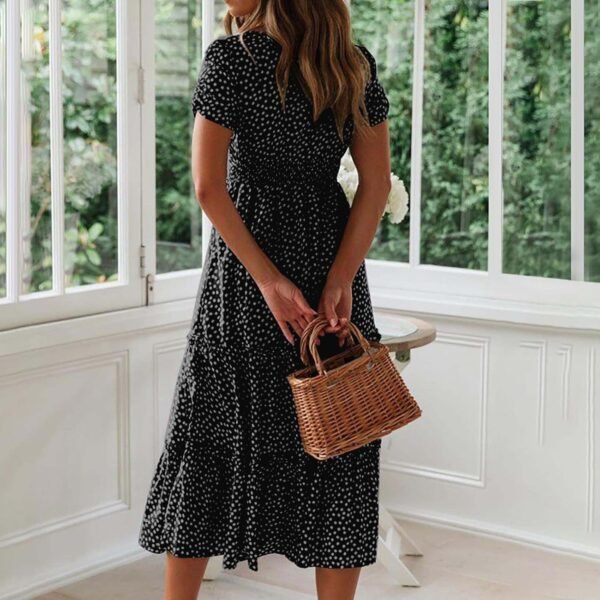 Connecteri  Dresses for Women 2023 Wedding Guest Summer V Neck Short Sleeve Smocked Ruffle Hem A-Line Polka Dot Boho Maxi Dress