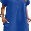 Connecteri  Womens Cotton Shirt Dress Summer Casual Short Sleeve Button Down Beach Cover Up Shirts with Pockets