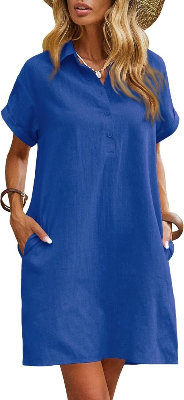 Connecteri  Womens Cotton Shirt Dress Summer Casual Short Sleeve Button Down Beach Cover Up Shirts with Pockets